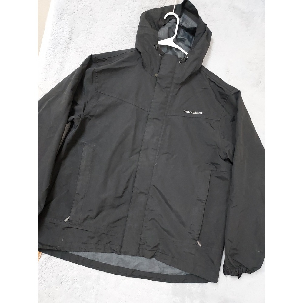 Grundens Jacket Mens XL Hooded Full Zip Rain Windbreaker Black Taped Seams Fish